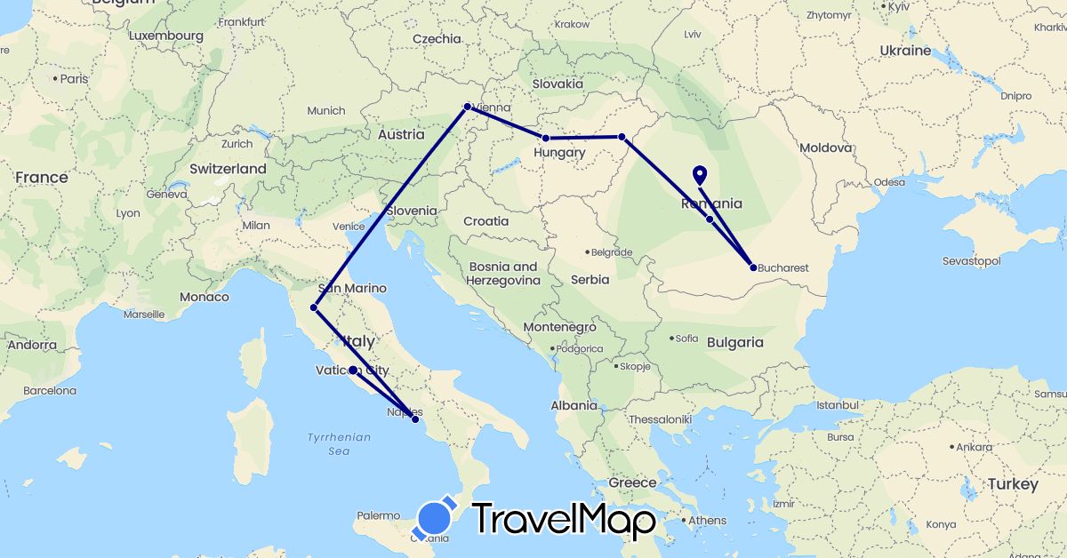 TravelMap itinerary: driving in Austria, Hungary, Italy, Romania (Europe)